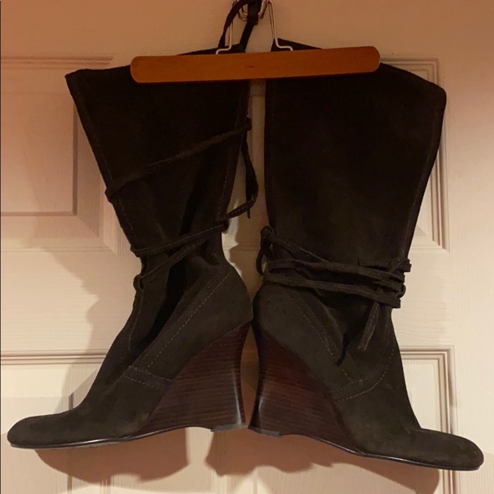 Woman’s Brown Suede Wedge Boots with Strap, size 9